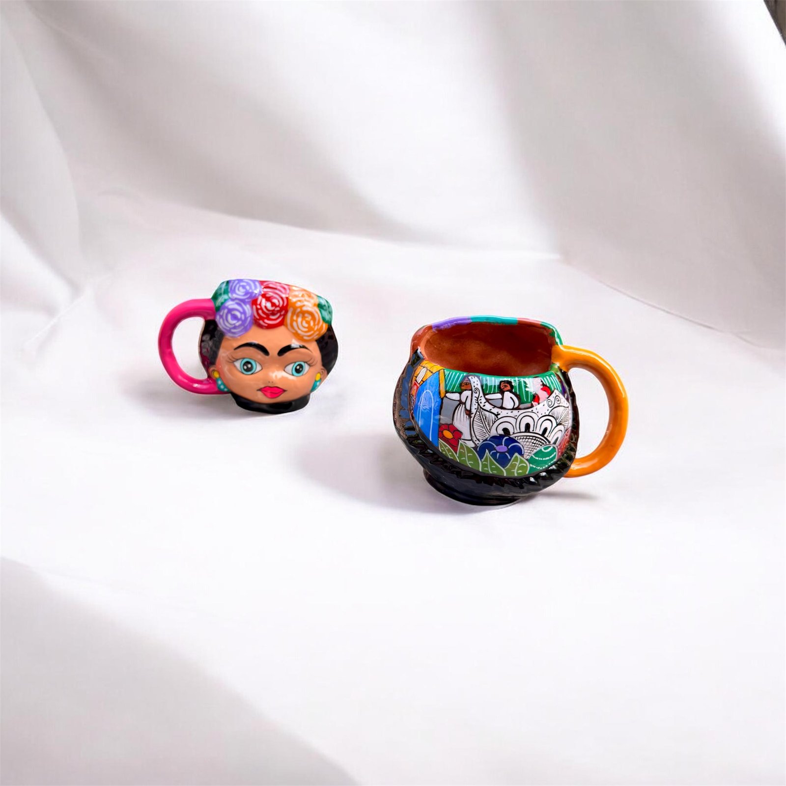 one of a kind Frida style clay mugs