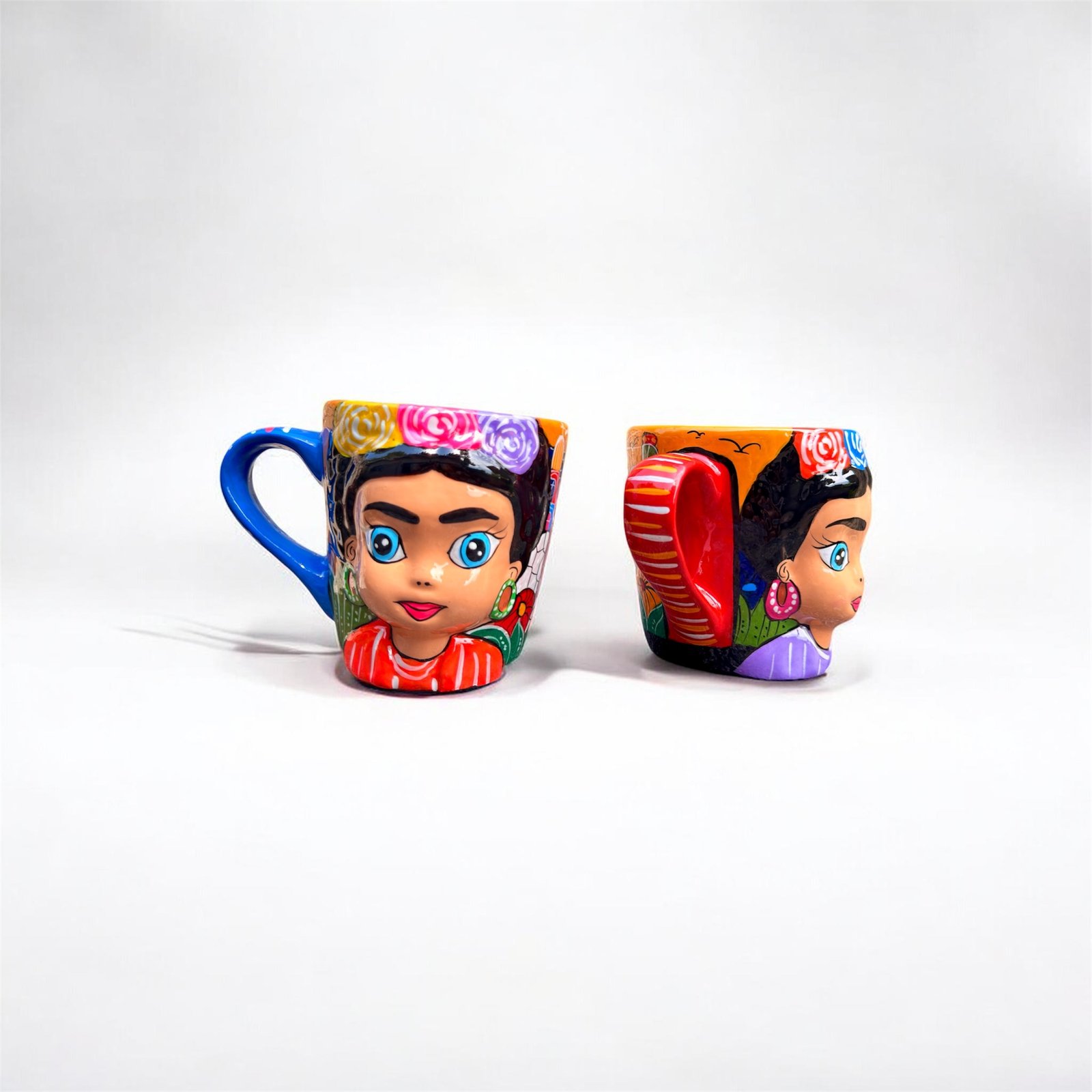 one of a kind Frida style clay mugs