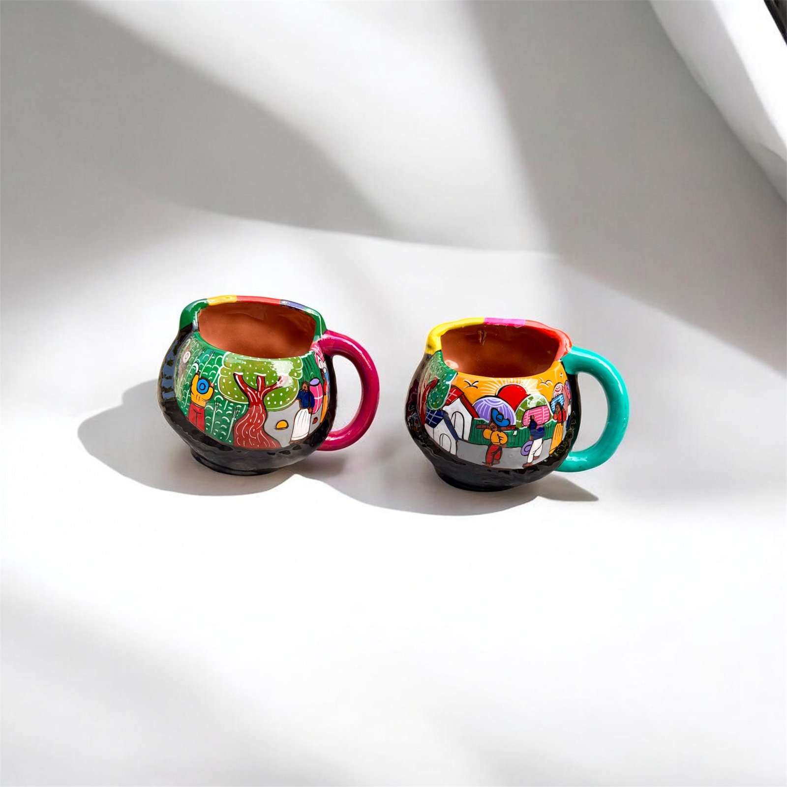 one of a kind Frida style clay mugs